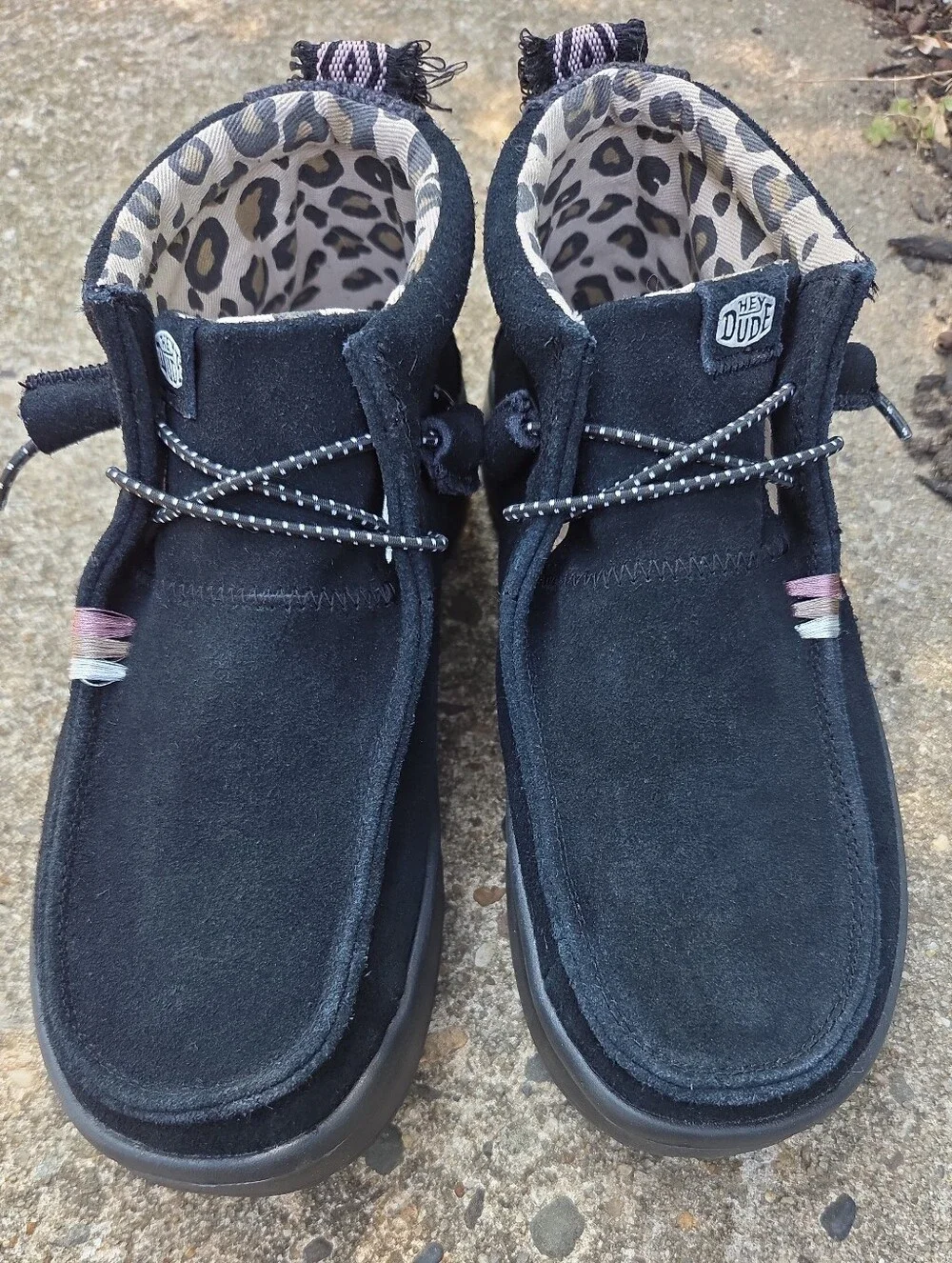 Hey Dude Wendy Platform Black Suede Leopard Print Shoes Women's Size 7 NWOT